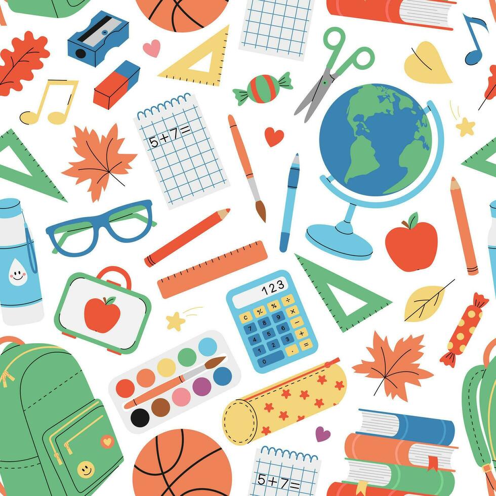 Premium Vector  Colored pencils with an eraser school supplies stationery  a checkered notebook the concept of schooling back to school first time to  school seamless pattern