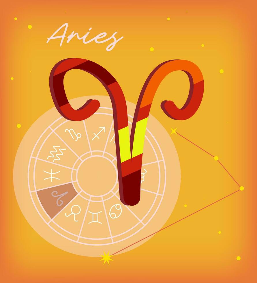 Constellation of Aries, Zodiac sign, Orange colors of the elements, bright design for the calendar. Horoscope.The circle with the constellation and stars, Golden. vector