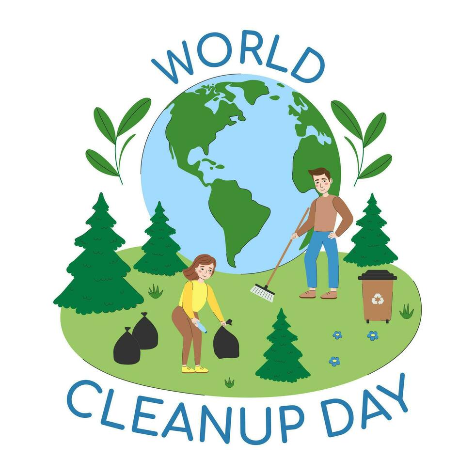 World Cleanup Day holiday design. Volunteers clean up trash against the backdrop of planet earth. Caring for nature. Vector flat illustration for banner, poster, greeting card.