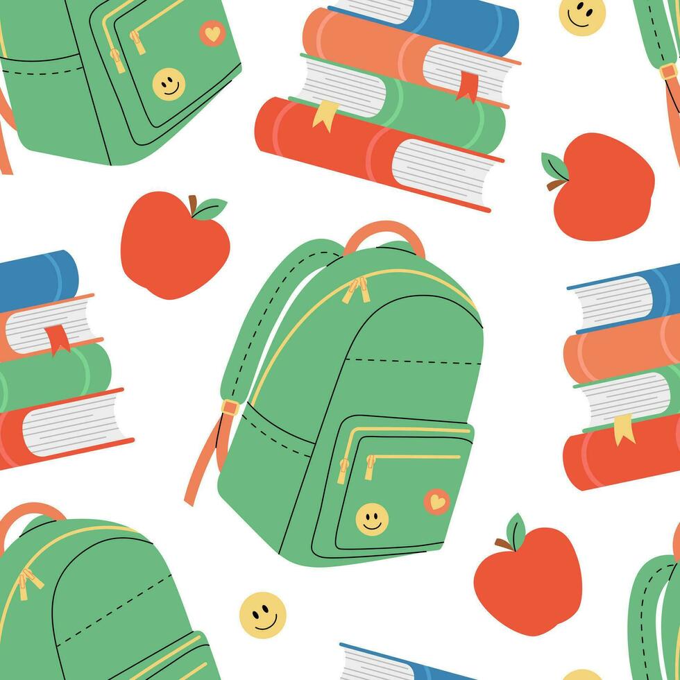 Seamless pattern with backpack, books and apple on white background. School, student, education concept. Vector flat illustration