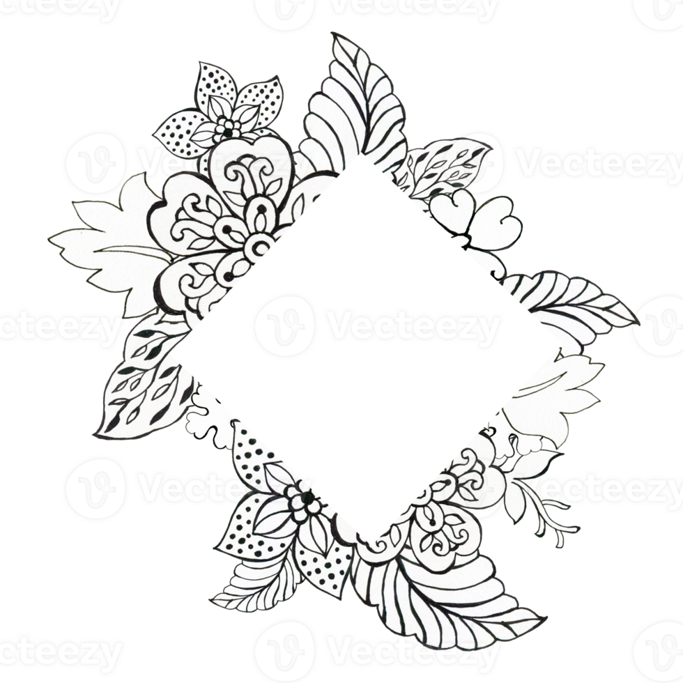 The beautiful of flower foliage art asian oriental template card border outline black Hand Painted png