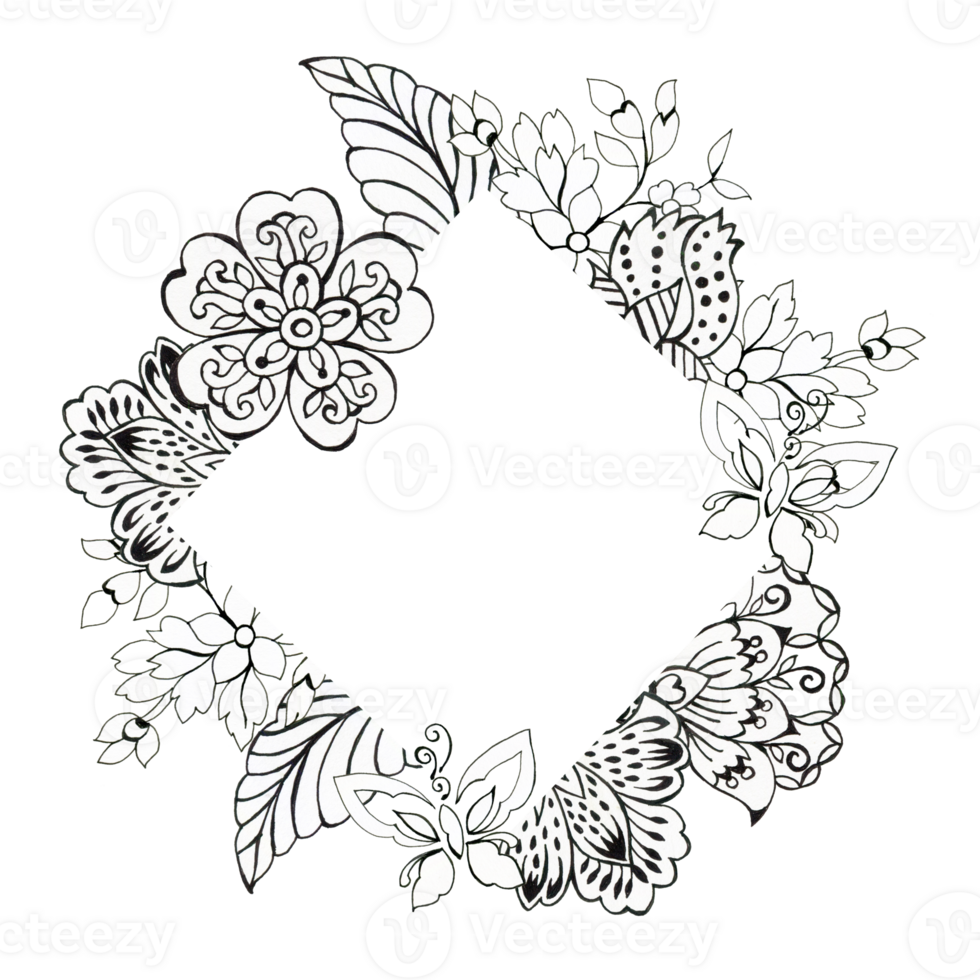 The beautiful of flower foliage art asian oriental template card border outline black Hand Painted png
