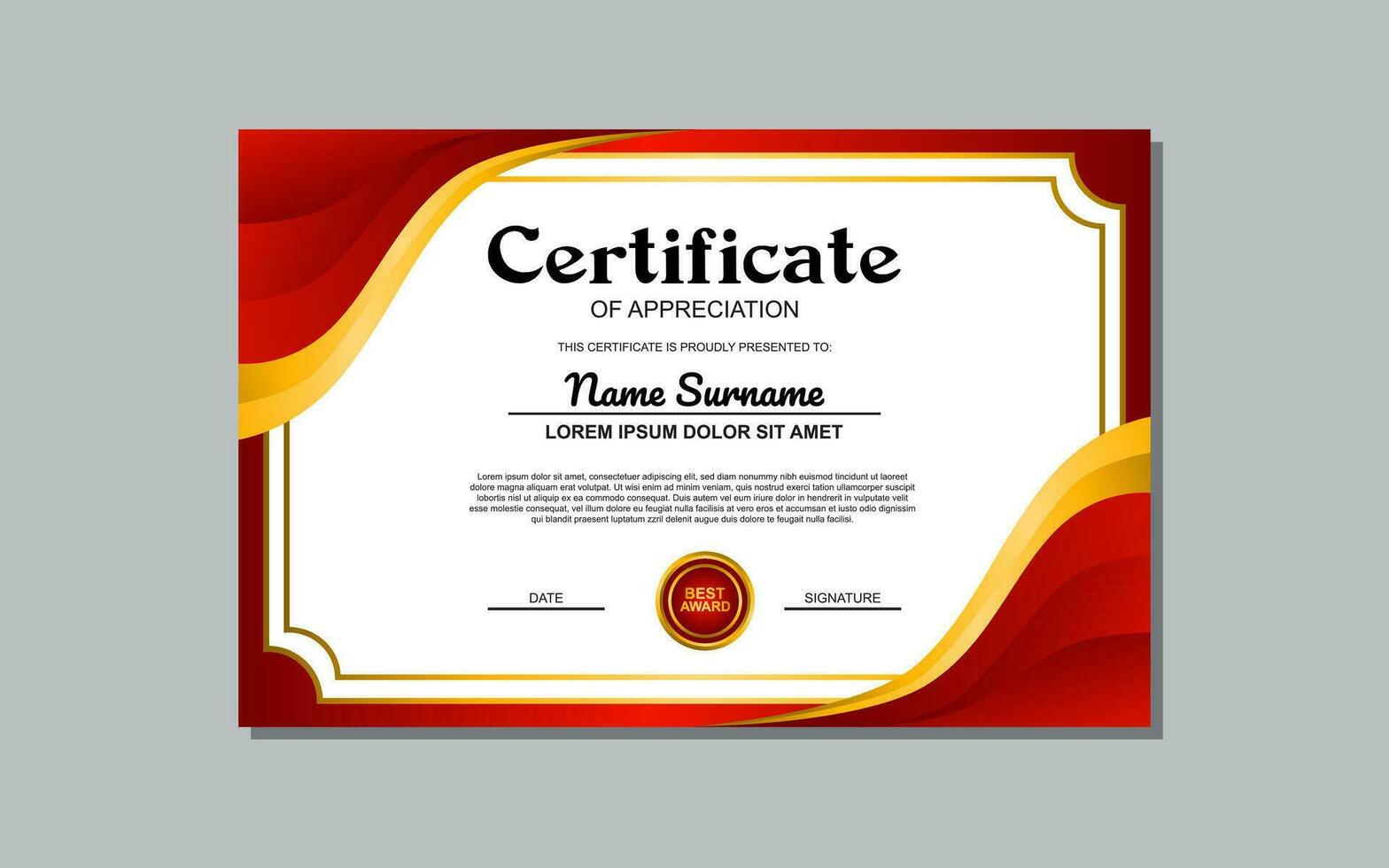 A certificate template with a red and yellow wavy design is a versatile asset suitable for creating eye-catching, modern certificates for various occasions and events. vector