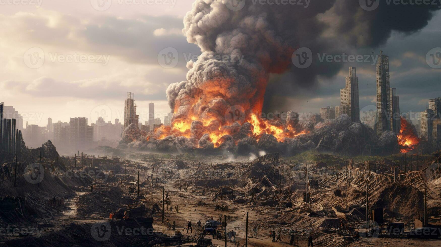 Generative AI, Destruction in the city, burned town street with no life, apocalyptic scene photo