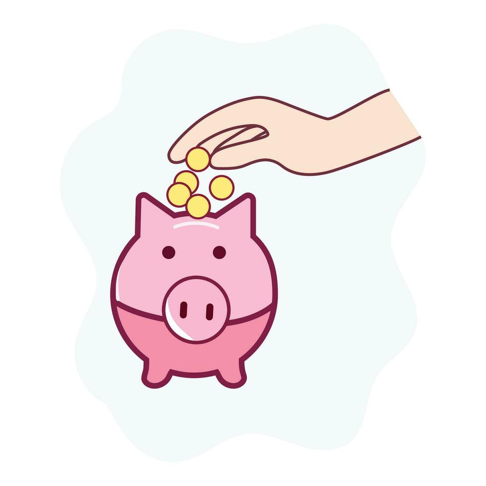 Icon of hand putting money into piggy bank with coins, saving money in money planning. vector