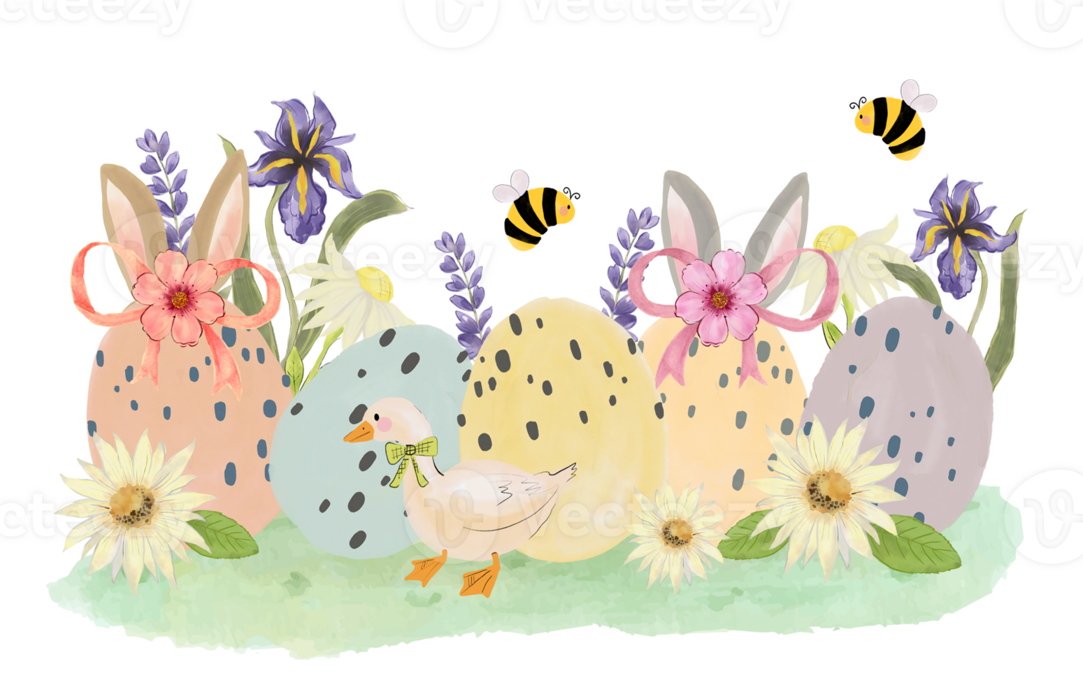 Easter rabbit doodle wildflower duck cozy style watercolor clipart png