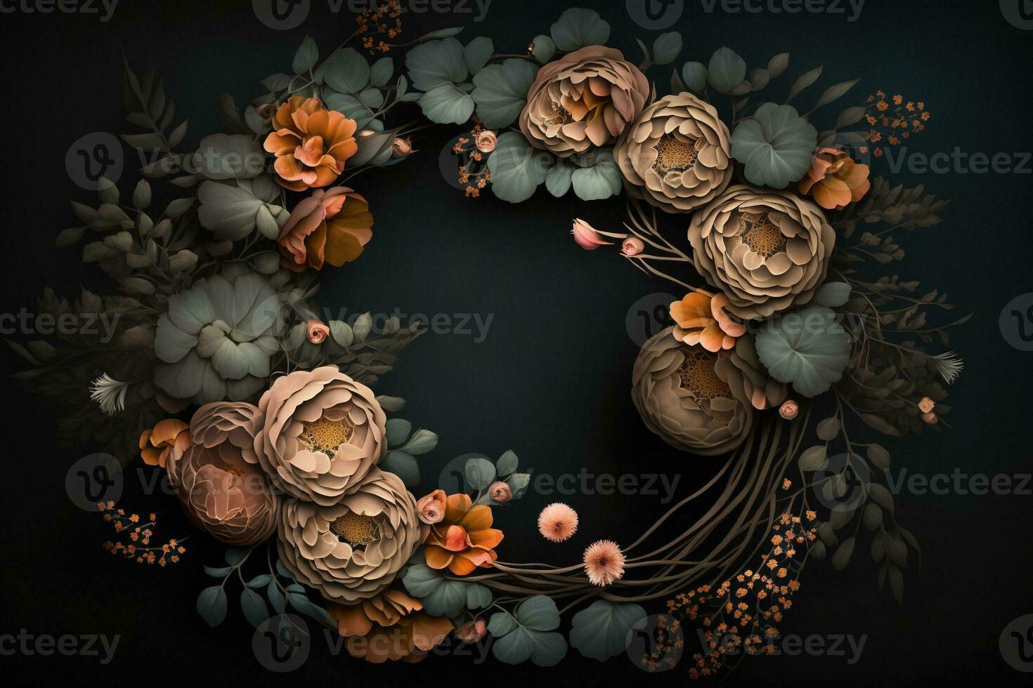 Generative AI, Close up wreath, blooming flowerbeds of amazing apricot and orange flowers on dark moody floral textured background. photo