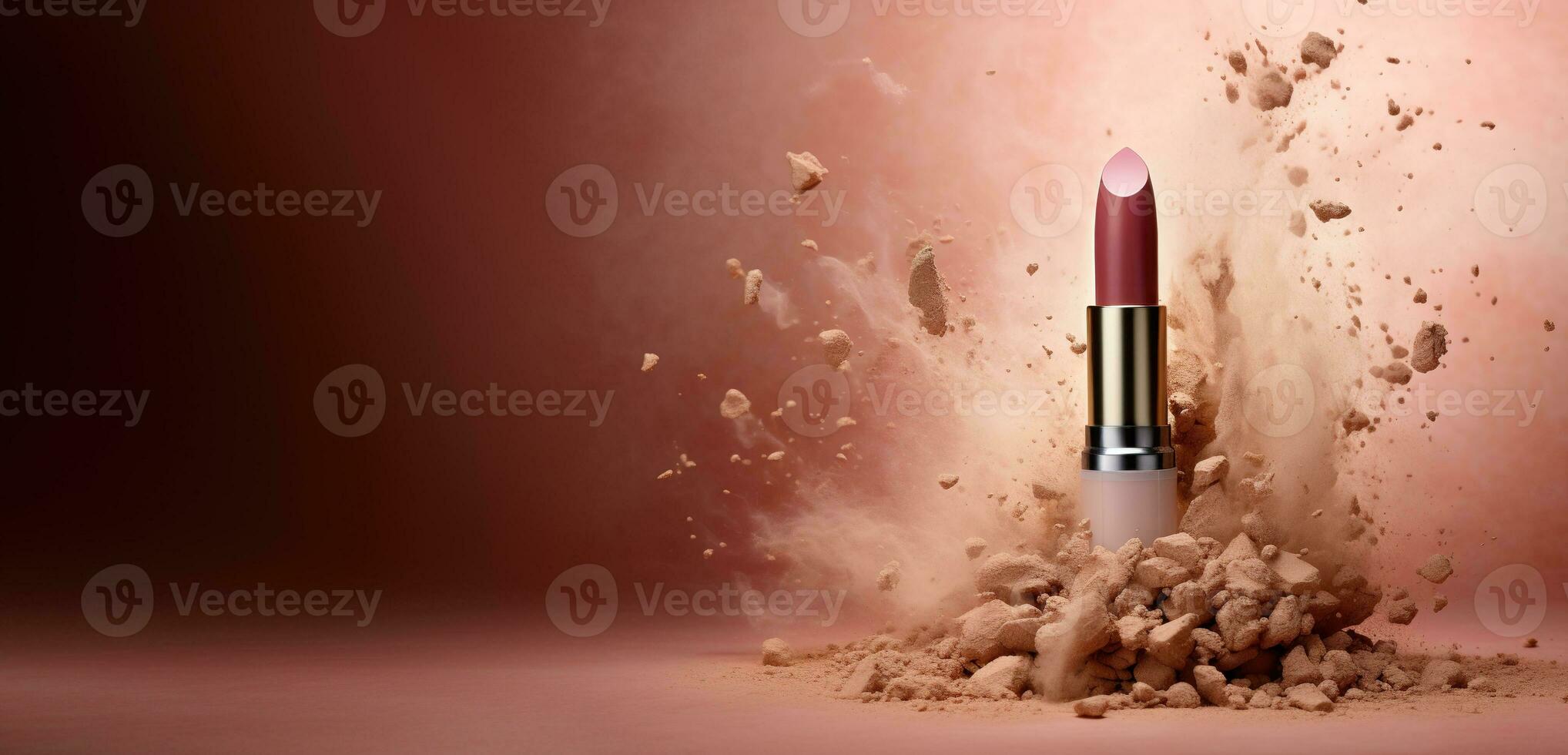 Generative AI, Nude beige color lipstick, beige and pink powder splashes and smoke with copy space. photo