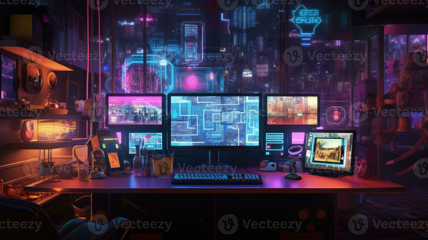 Generative AI, Computer on the table in cyberpunk style, nostalgic 80s, 90s. Neon night lights vibrant colors, photorealistic horizontal illustration of the futuristic interior. Technology concept. photo