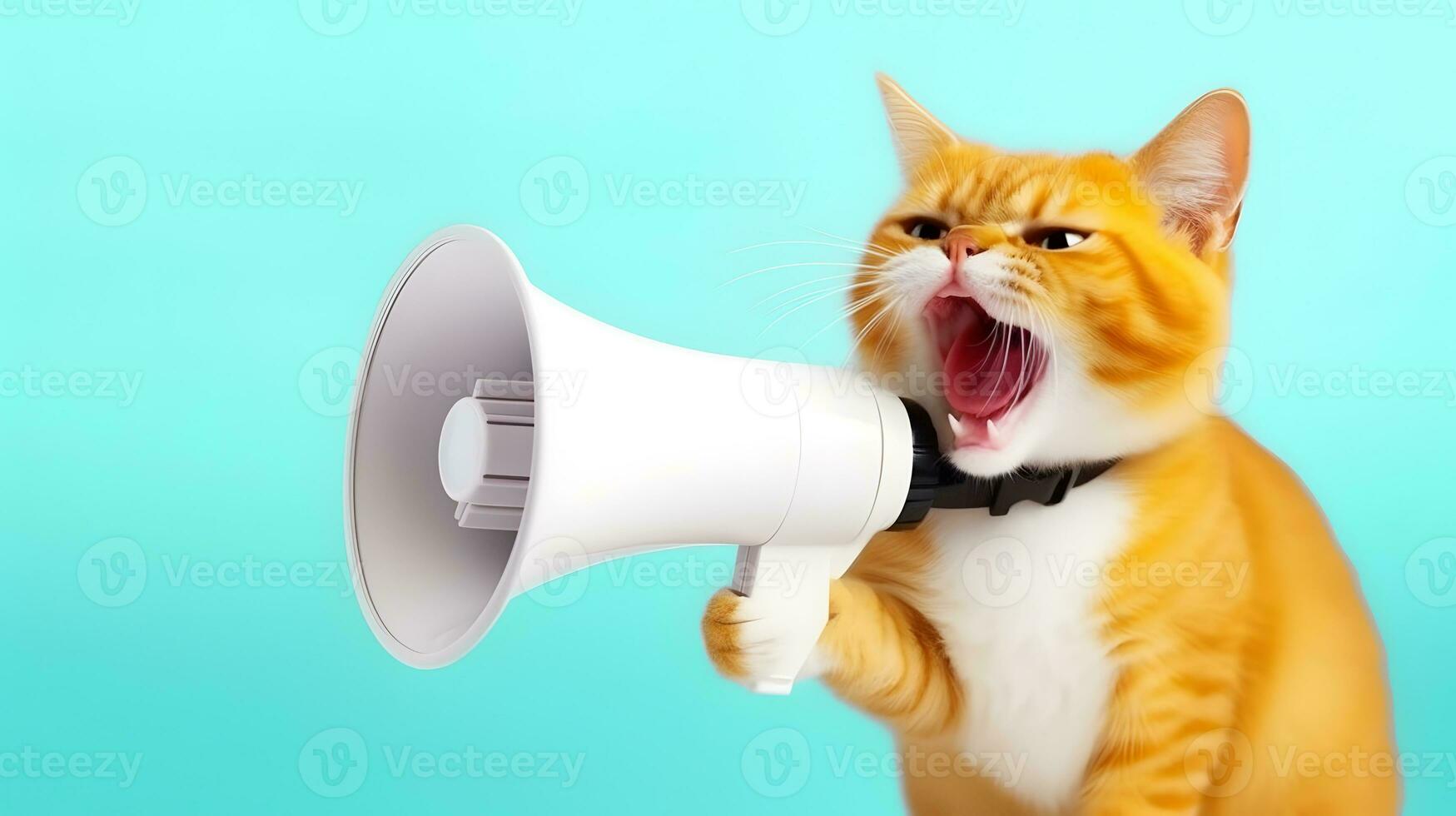 Cat announcing using hand speaker. Notifying, warning, announcement photo