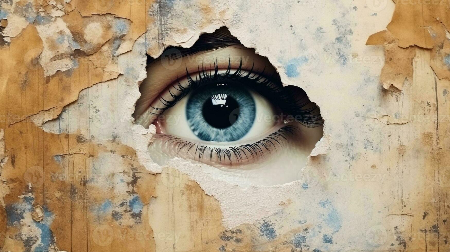 Generative AI, Woman eye looking through a torn hole in vintage paper, blue and beige colors mural. Painted hyperrealistic female art. photo