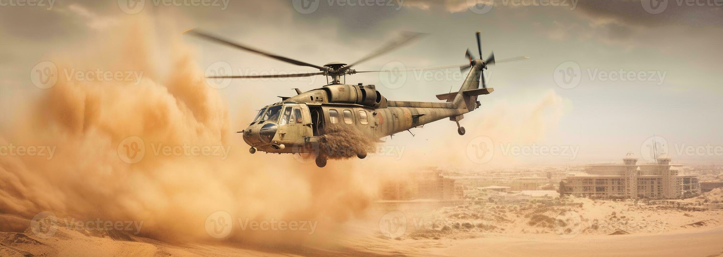 Generative AI, military helicopter takes off in thick dust clouds. photo