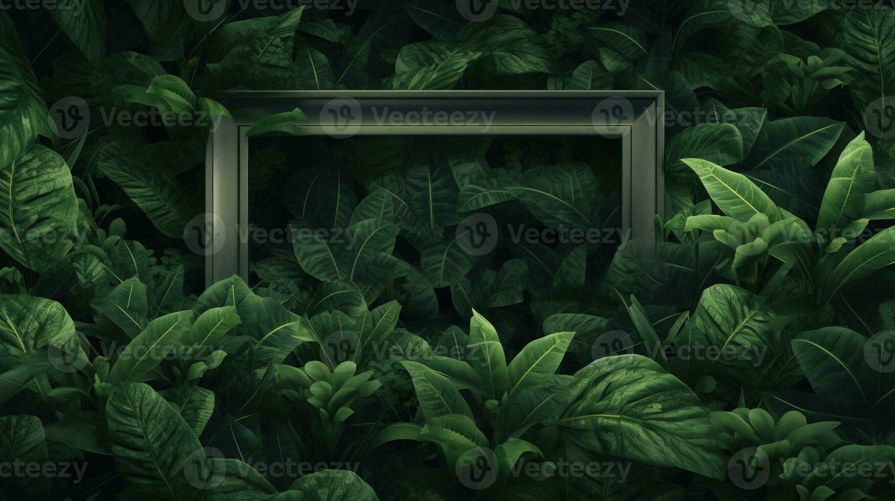 Generative AI, creative layout with green leaves and square frame, flat lay. Nature background with copy space photo