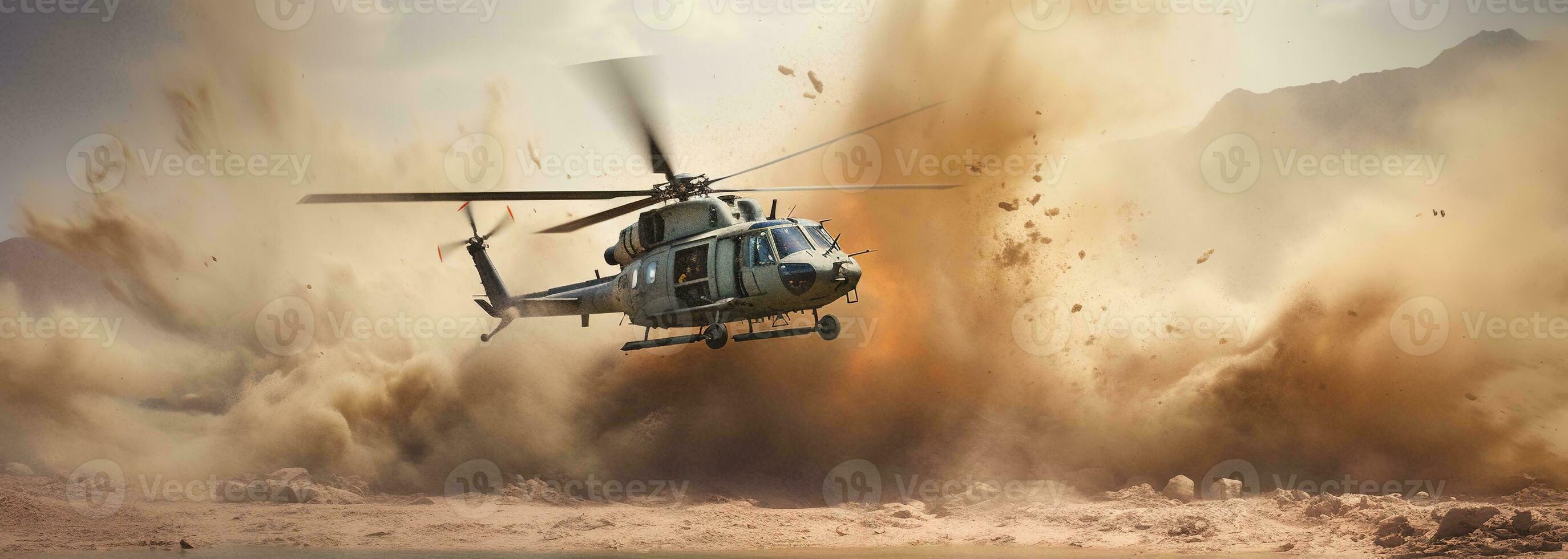 Generative AI, military helicopter takes off in thick dust clouds. photo