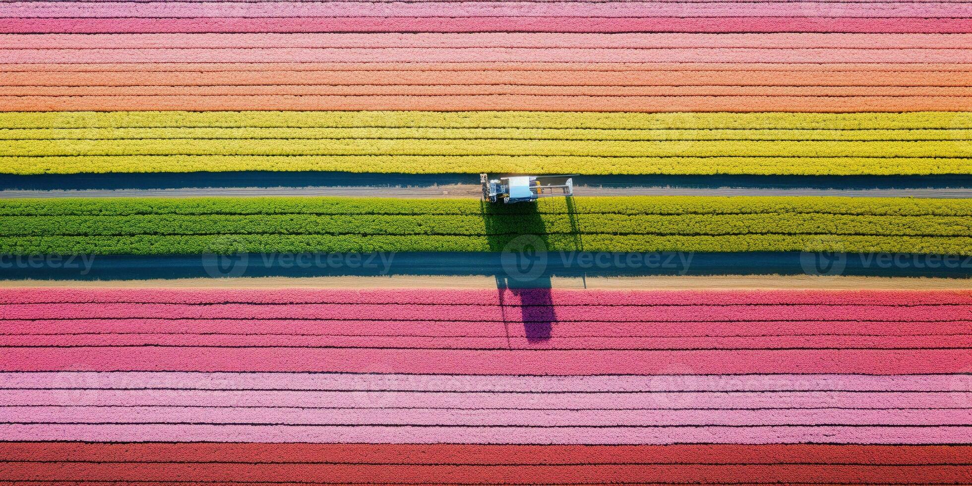 Generative AI, Farm colorful landscape, agricultural fields, beautiful countryside, country road. Nature Illustration, top view drone, horizontal banner. photo