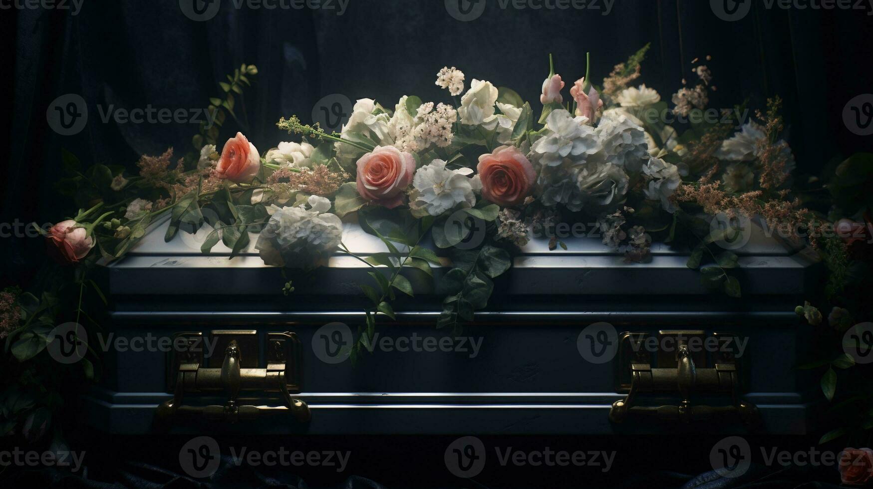 Generative AI, Flowers on a coffin in the funeral or burial services at cemetery, casket with flowers photo