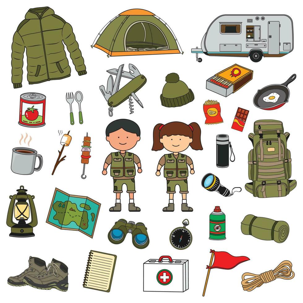 kids drawing Vector illustration set of camping icons in doodle style