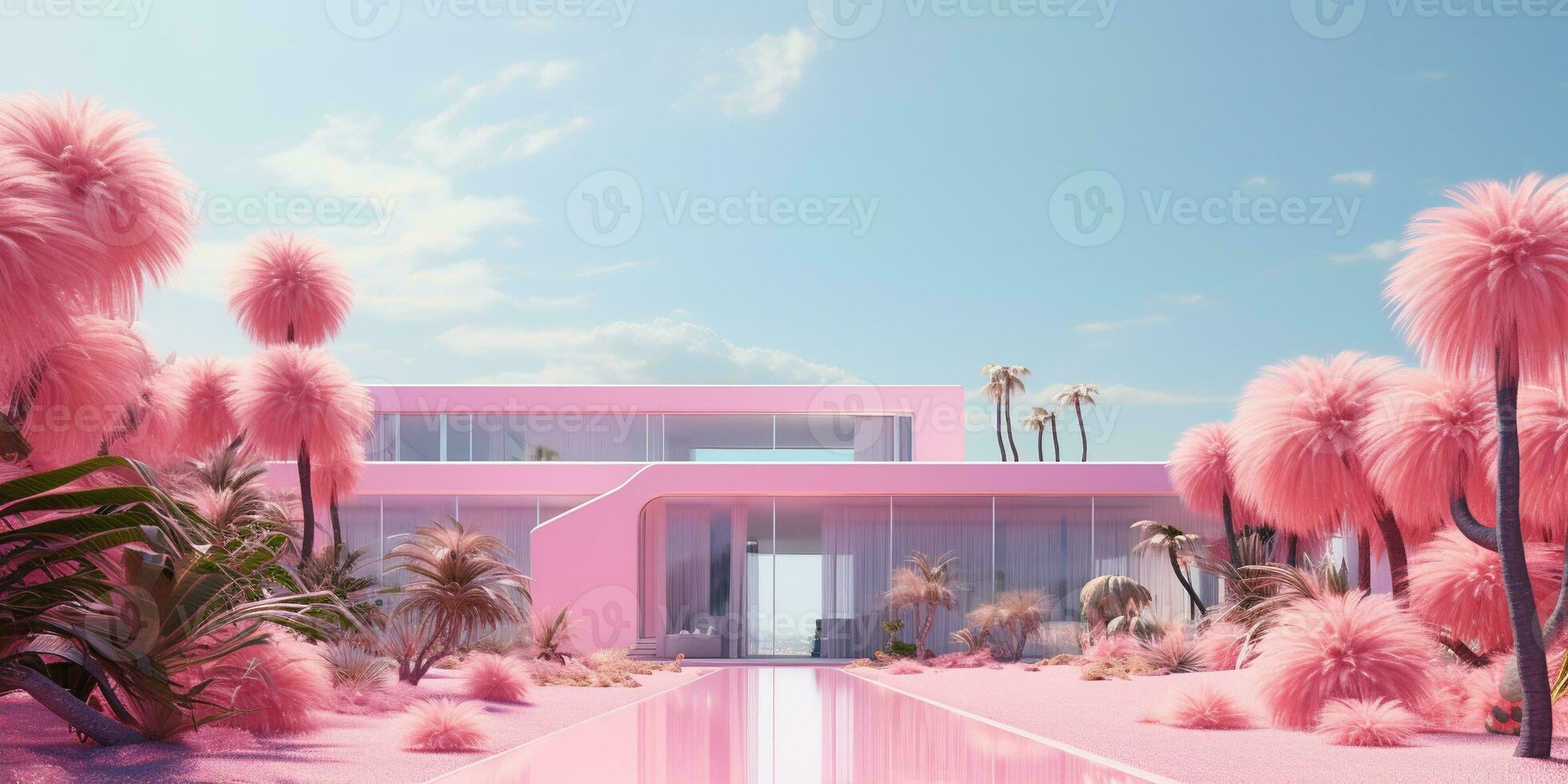 Generative AI, futuristic luxury pink house surrounded by lush greenery photo