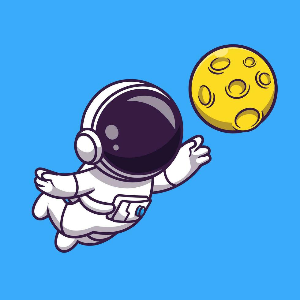 Astronaut Floating with Moon Cartoon Vector Icon Illustration. Science Technology Icon Concept Isolated Premium Vector. Flat Cartoon Style