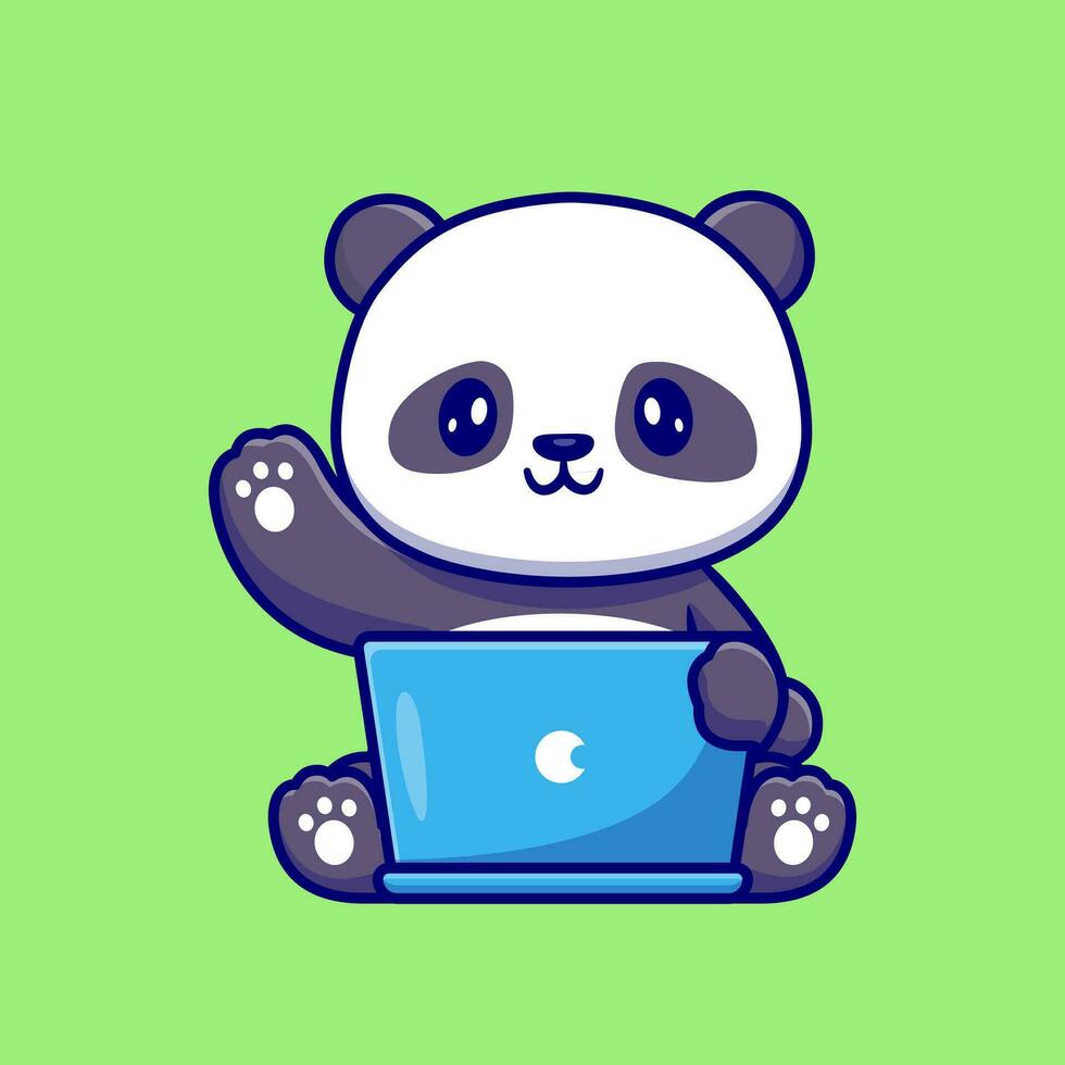 linda panda trabajando en ordenador portátil dibujos animados vector icono ilustración. animal tecnología icono concepto aislado prima vector. plano dibujos animados estilo