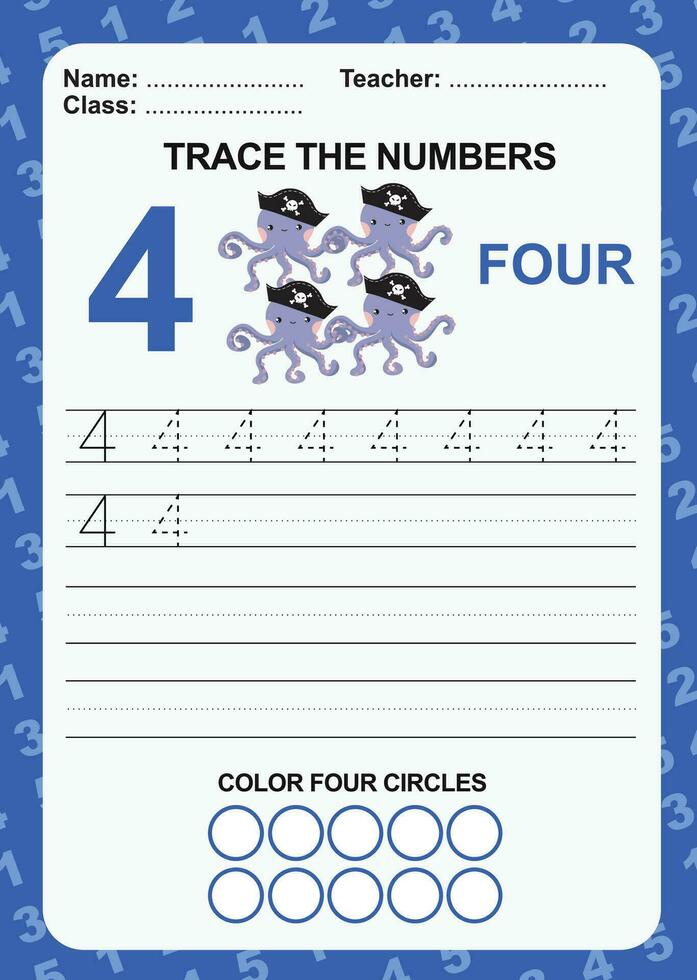 Trace and write number for children. Exercise for children to recognize the number. Educational worksheet for preschool. Vector file.