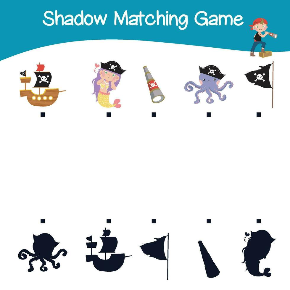 Matching shadow game for children. Find the correct shadow. Worksheet for kid. Printable activity page for kids. Vector file.