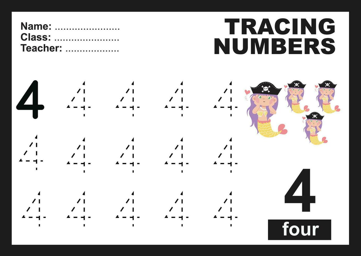 Trace and write number for children. Exercise for children to recognize the number. Educational worksheet for preschool. Vector file.