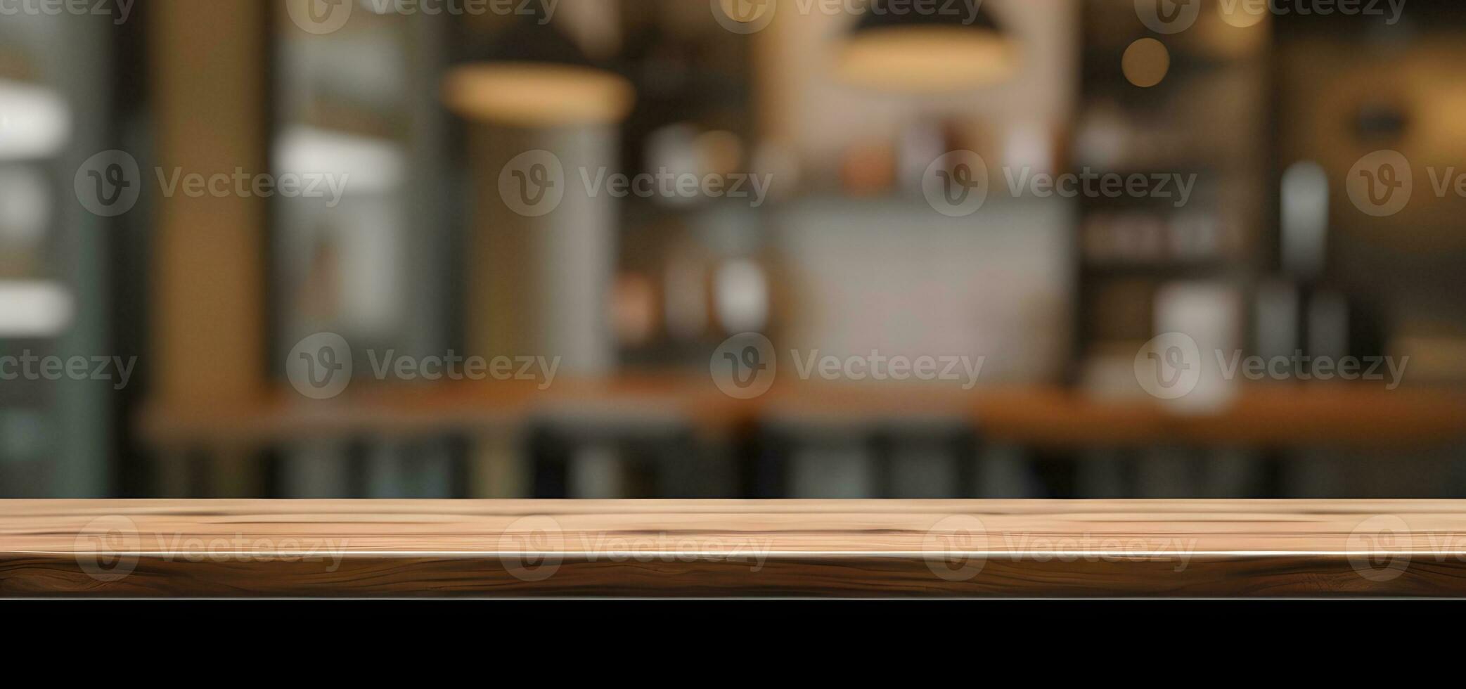 Empty wooden table with lights bokeh on blurred restaurant background. photo