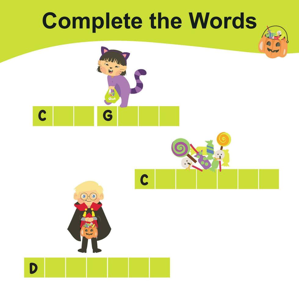 Complete the words worksheet. Write missing letters and complete words. Writing Halloween things sheet with children. Writing activity. Printable activity page for kids. vector