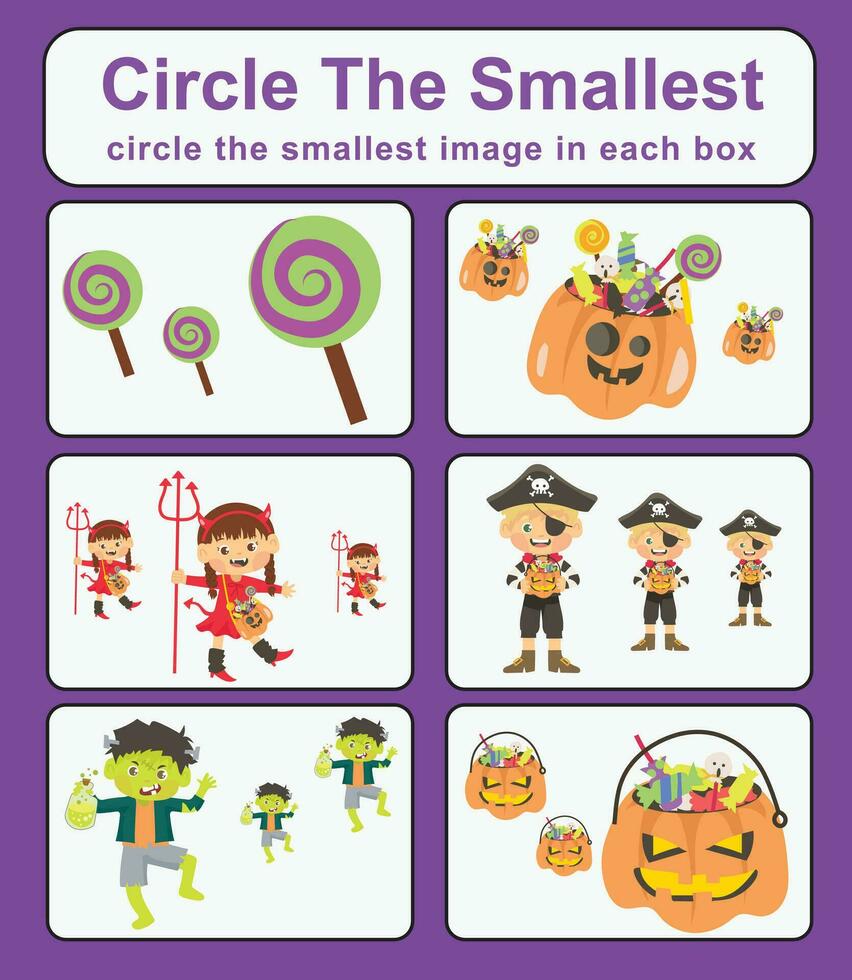 Pre math concepts. Circle the smallest object in each box. Printable activity page for kids. Educational children game. Kids activity sheet. vector