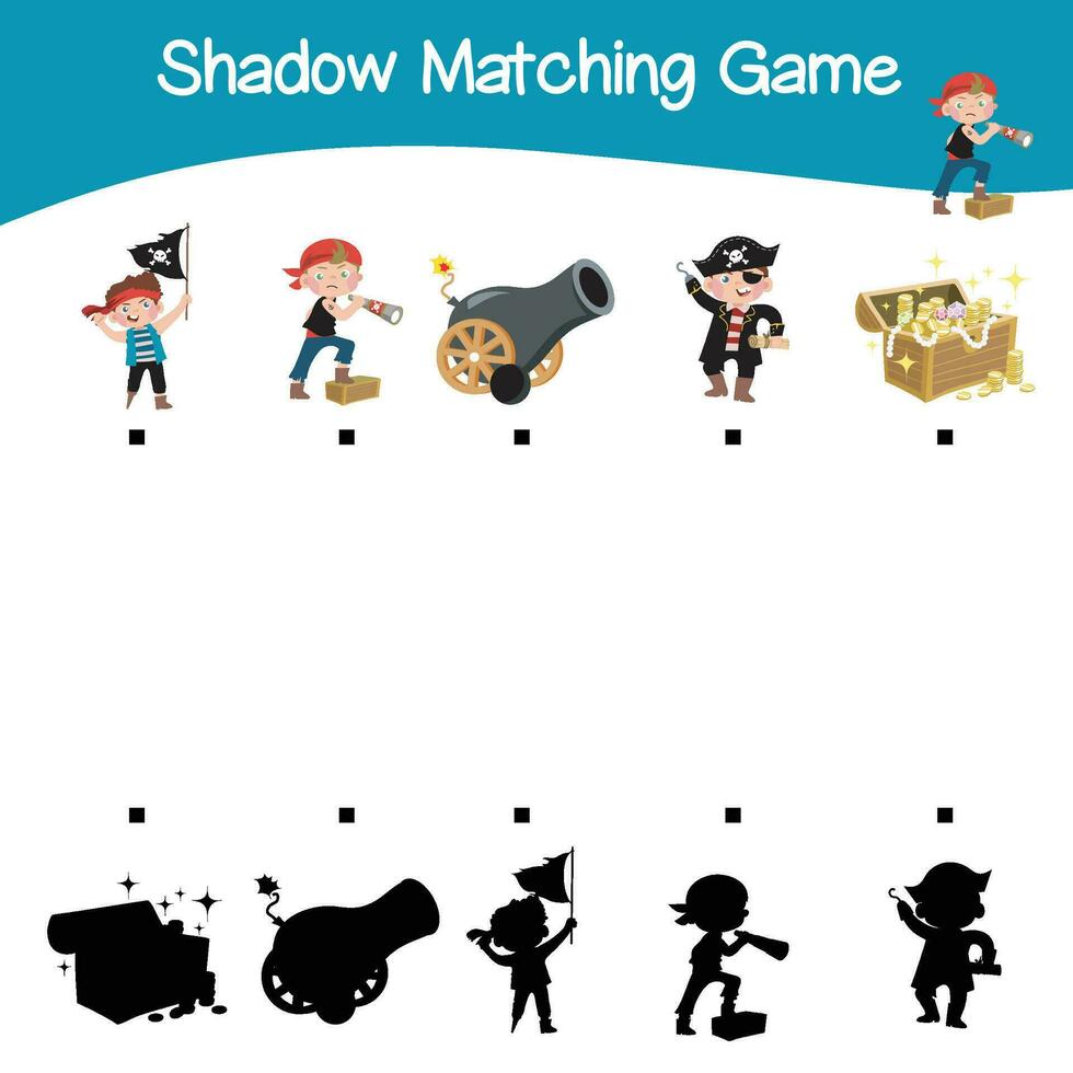 Matching shadow game for children. Find the correct shadow. Worksheet for kid. Printable activity page for kids. Vector file.