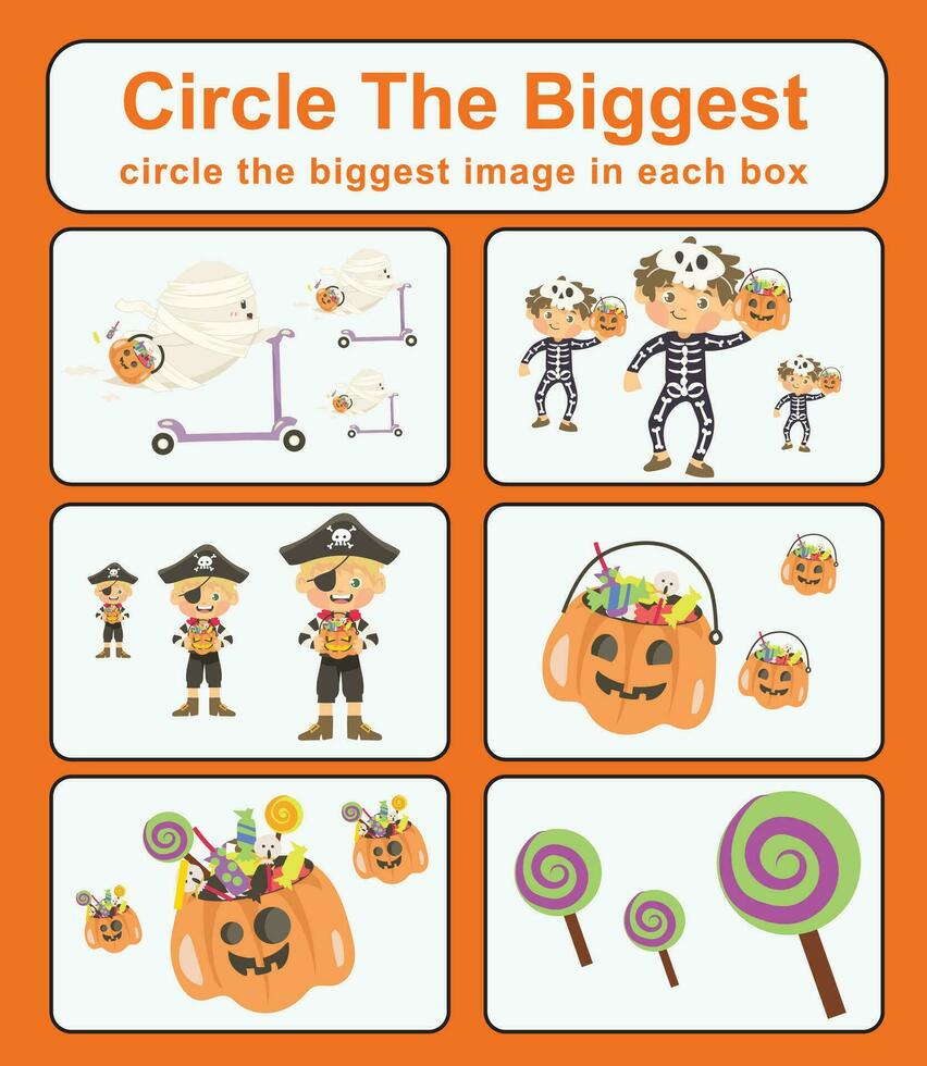 Pre math concepts. Circle the biggest object in each box. Printable activity page for kids. Educational children game. Kids activity sheet vector