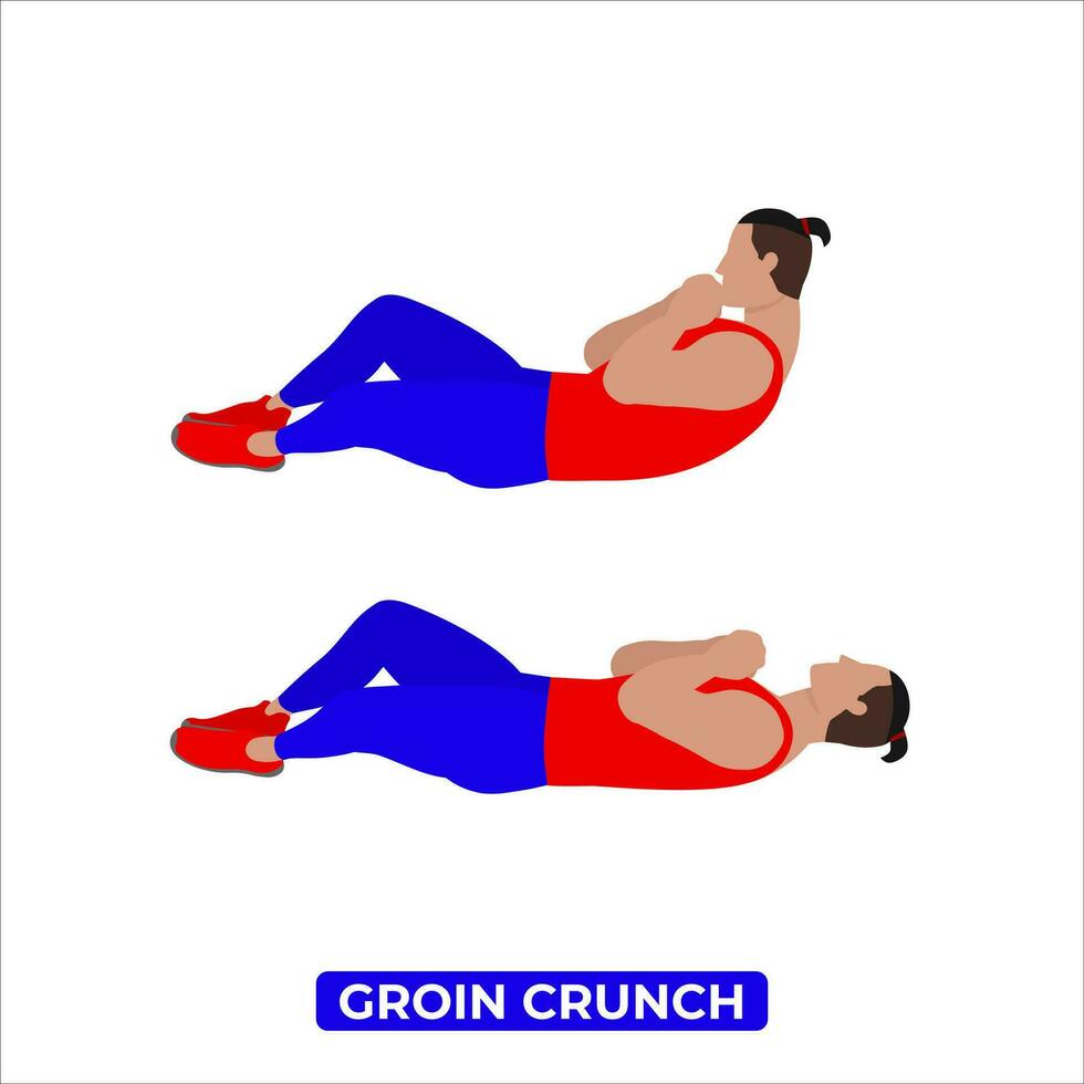 Vector Man Doing Groin Crunch. Bodyweight Fitness ABS and Core Workout Exercise. An Educational Illustration On A White Background.