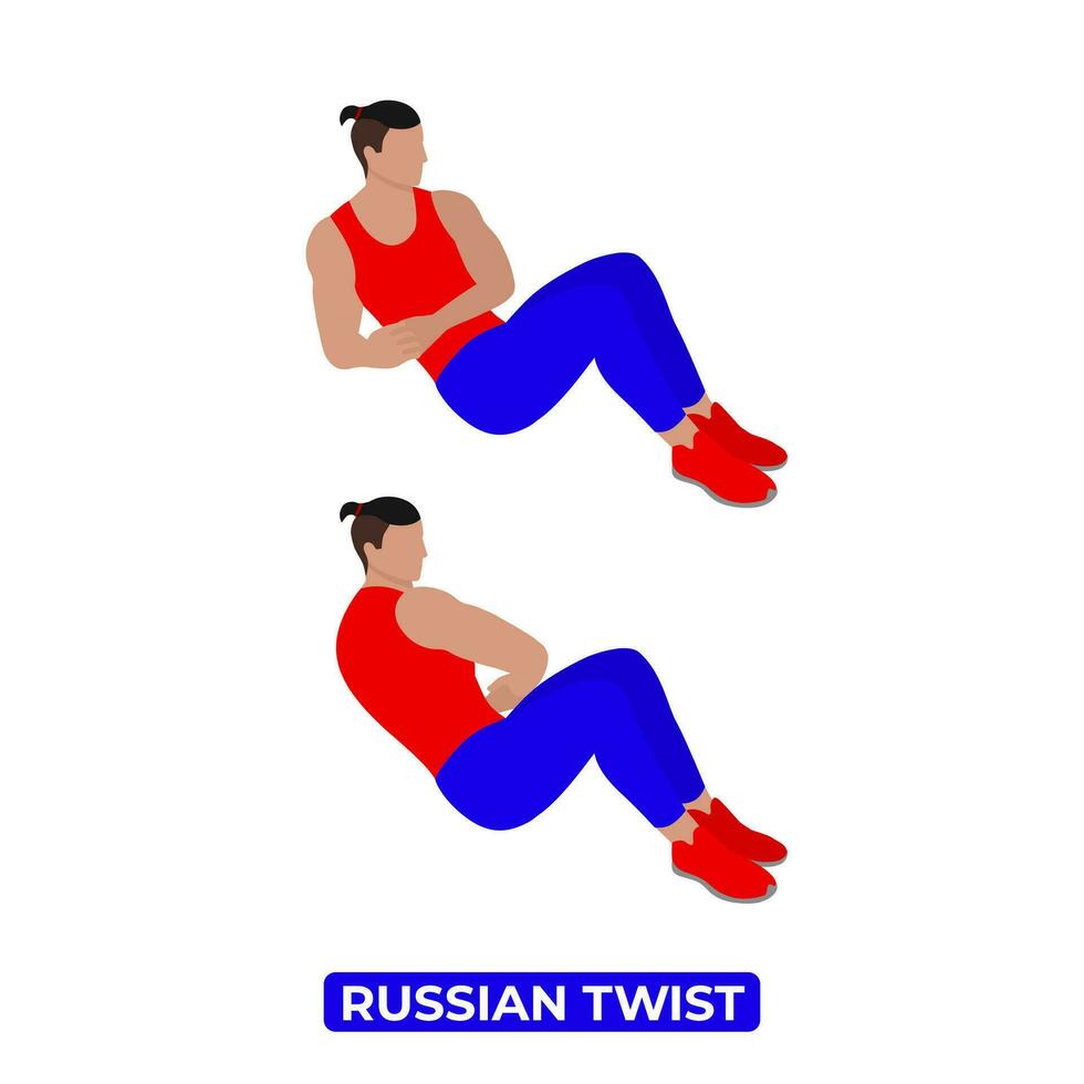 Vector Man Doing Russian Twist. Bodyweight Fitness ABS and Core Workout Exercise. An Educational Illustration On A White Background.