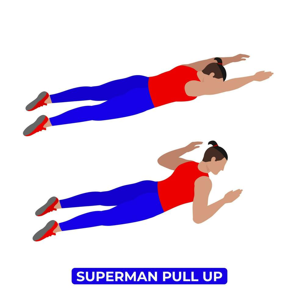 Vector Man Doing Superman Pull Up. Bodyweight Fitness Back and Core Workout Exercise. An Educational Illustration On A White Background.