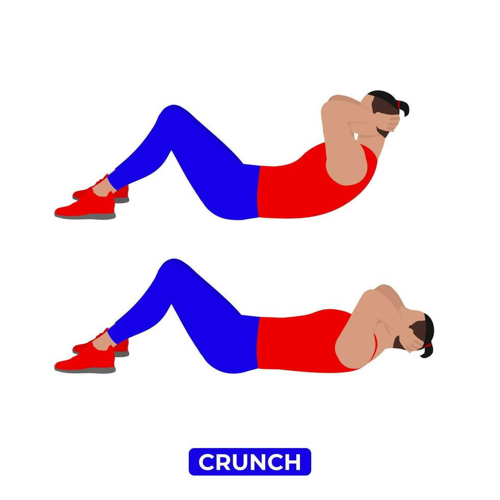 Vector Man Doing Crunch. Bodyweight Fitness ABS and Core Workout Exercise. An Educational Illustration On A White Background.