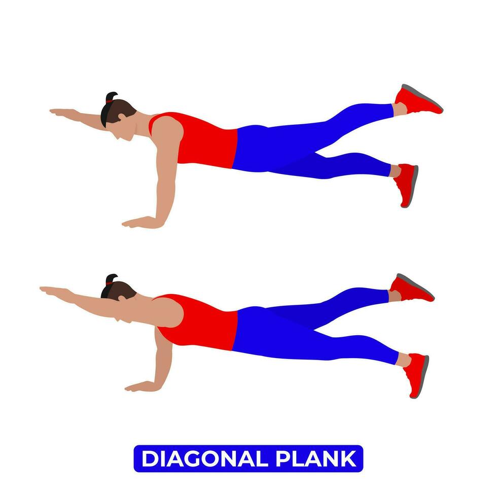 Vector Man Doing Diagonal Plank. Bodyweight Fitness ABS and Core Workout Exercise. An Educational Illustration On A White Background.