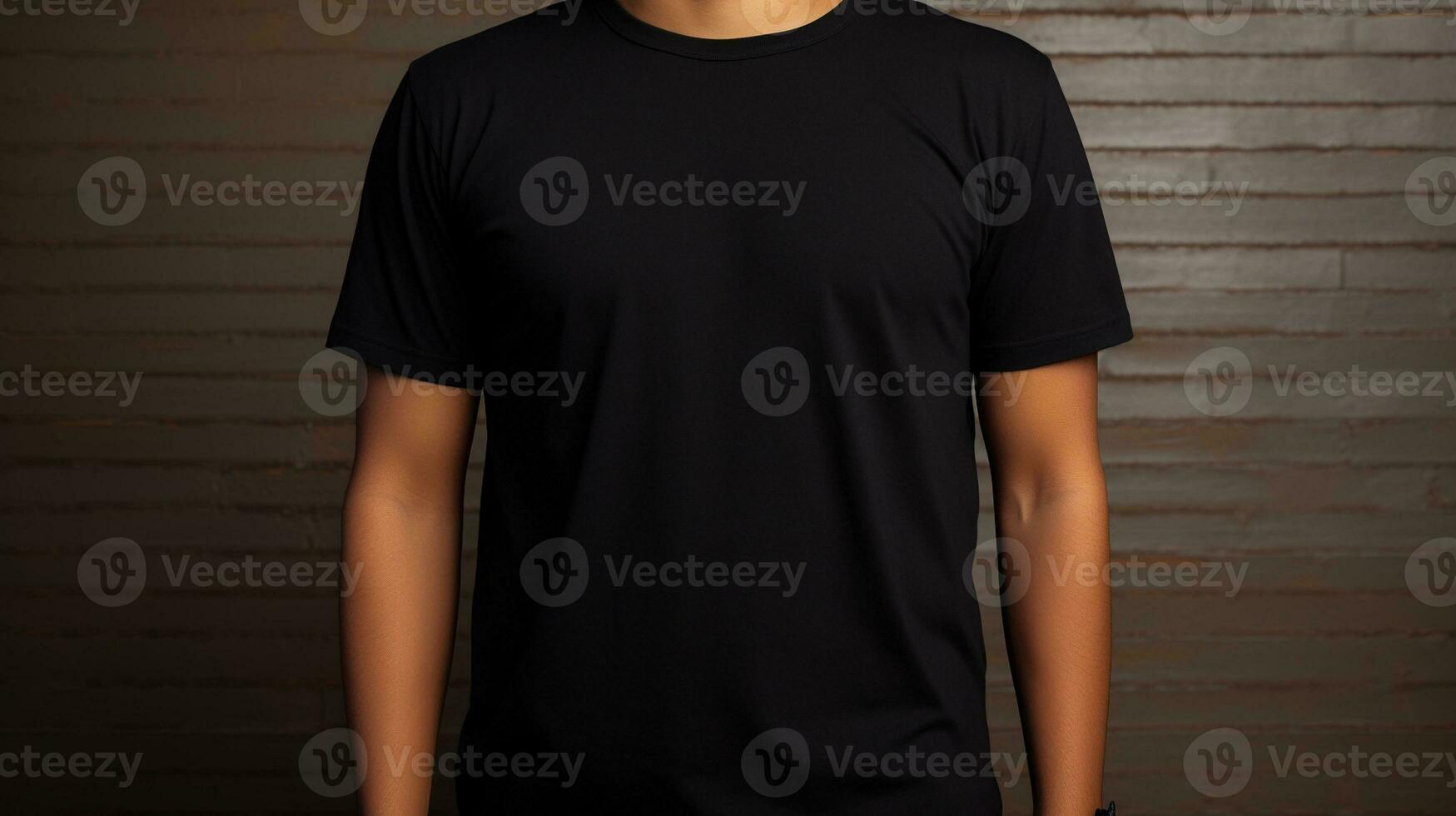 Generative AI, Realistic black T-Shirt mock up blank put on young man, front view, copyspace for presentation advertising. Blank business concept. photo