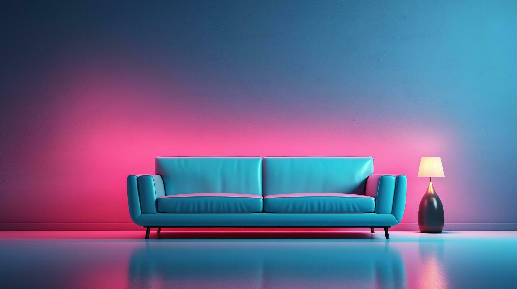 generativo ai, moderno neón minimalista interior, azul y rosado colores, sofá, mesa y plantas foto