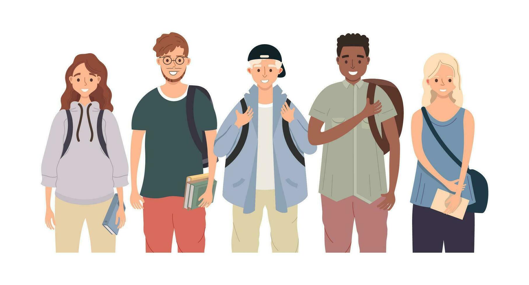 Student group standing together. Young people with backpacks and books. Diverse college classmates in casual clothes. Youth lifestyle concept vector