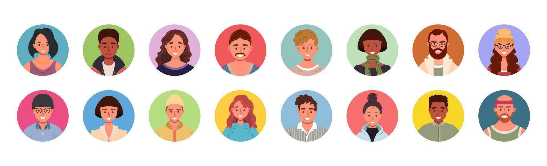 colección de diverso personas avatares en círculos vector ilustración de multiétnico usuario retratos varios humano cara iconos plano dibujos animados masculino y hembra caracteres.