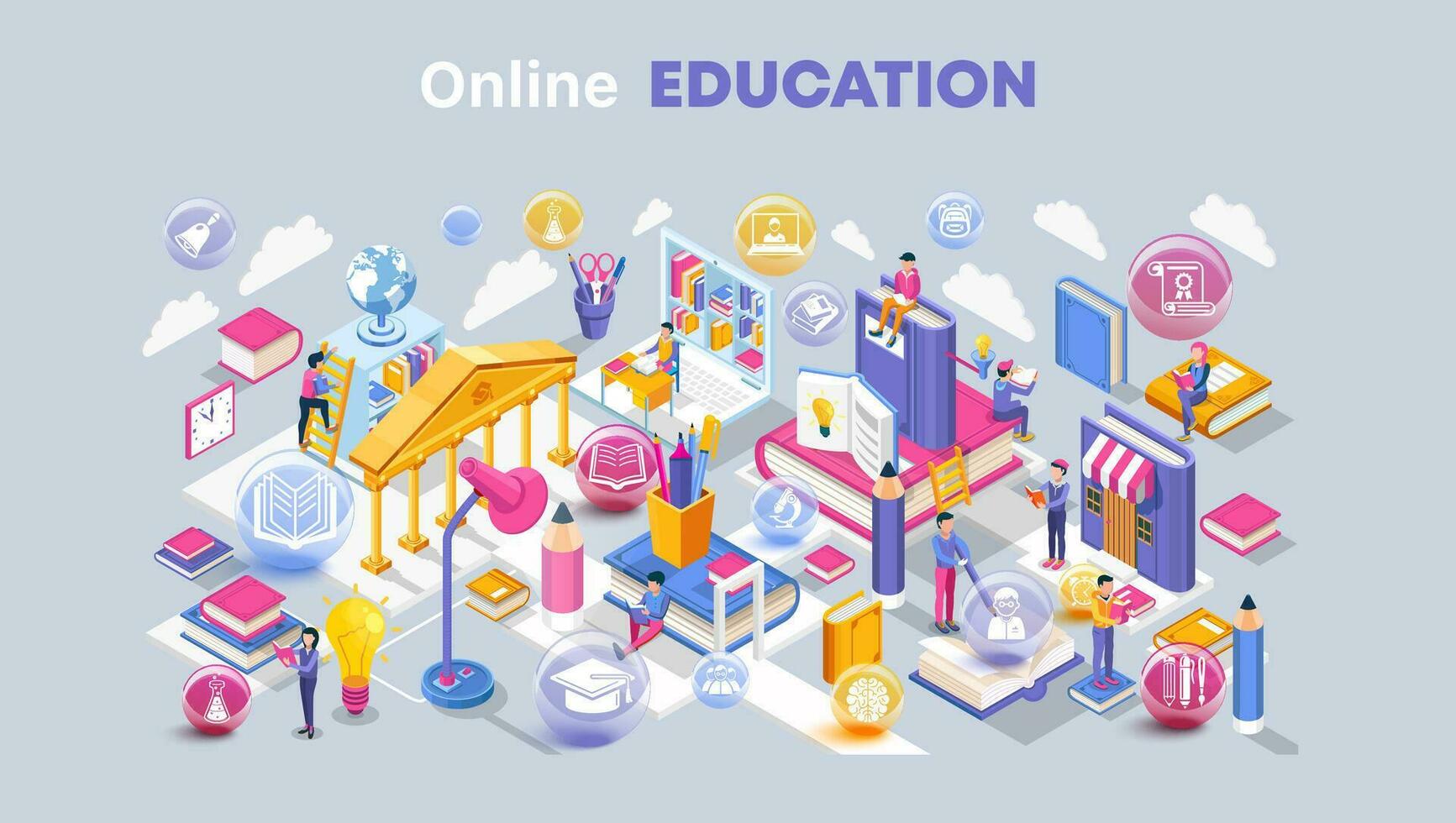 Isometric online education landing page template.  Modern flat design for training courses, specialization, tutorials, and lectures. Vector illustration for web banners, infographics, and websites.