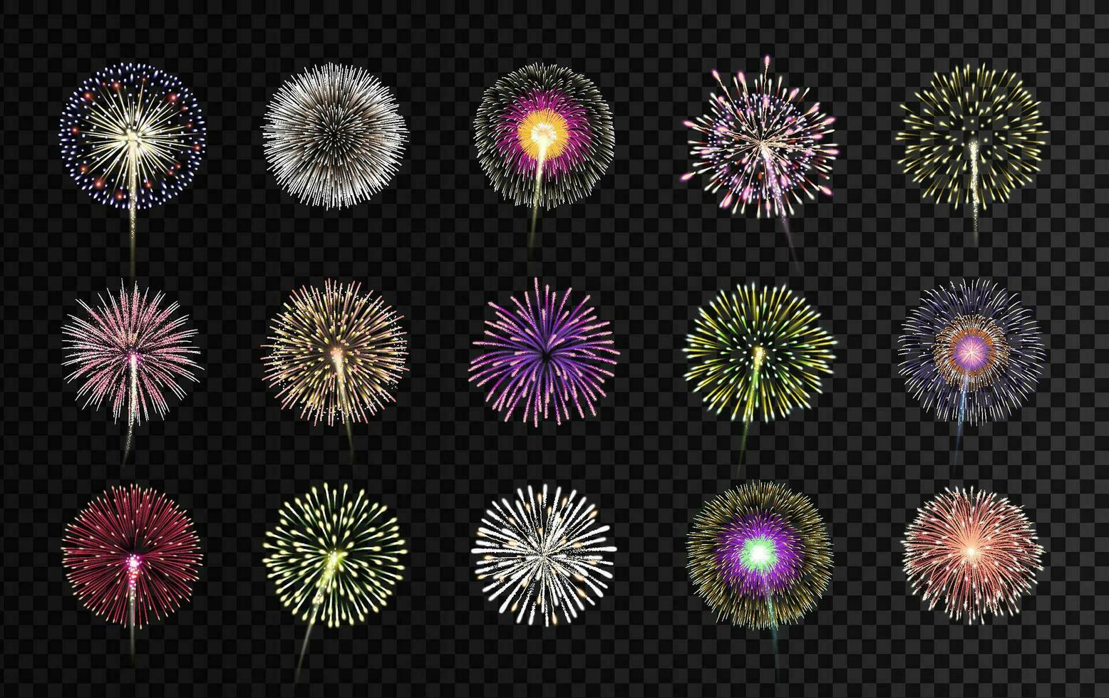 Colorful fireworks display realistic isolated vector illustration. Celebrating, birthday and new year decorations.