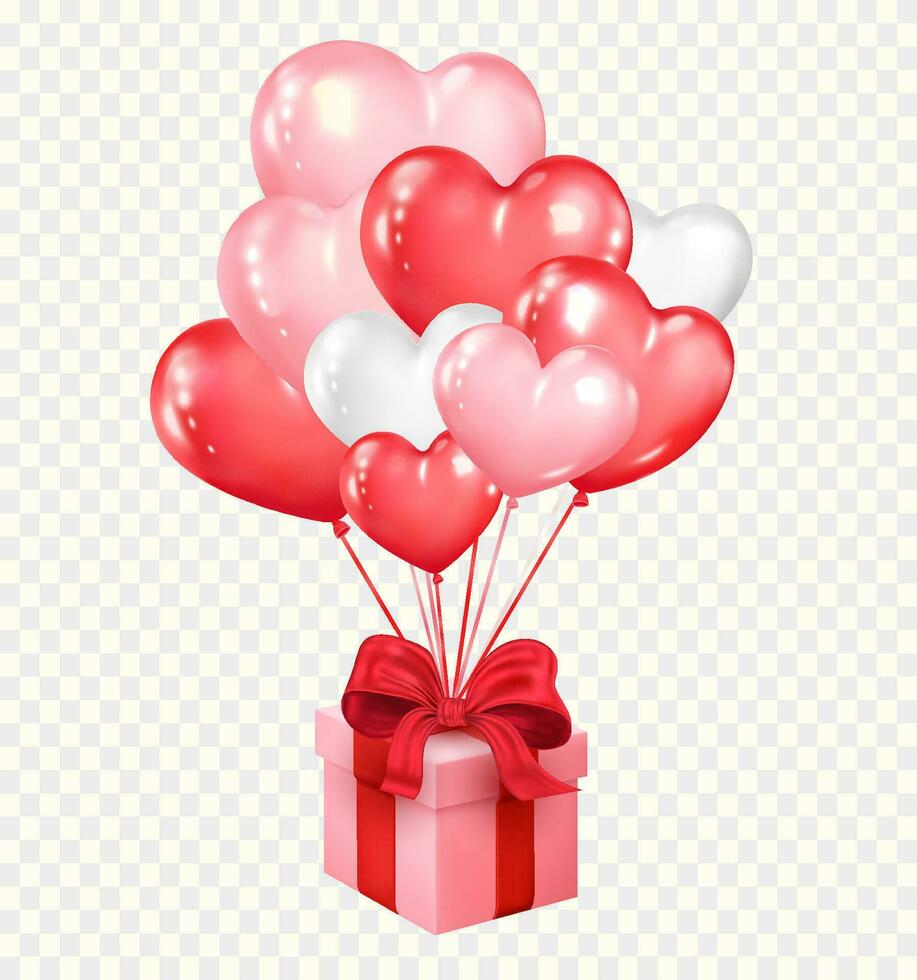 corazón conformado globos y regalo caja volador. San Valentín día o Boda concepto. romántico diseño vector ilustración