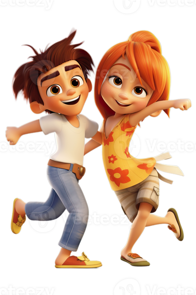 AI Generated Couple kids dancing, jumping in joy raising hands and laughing, isolated illustration, cartoon style character, transparent background png