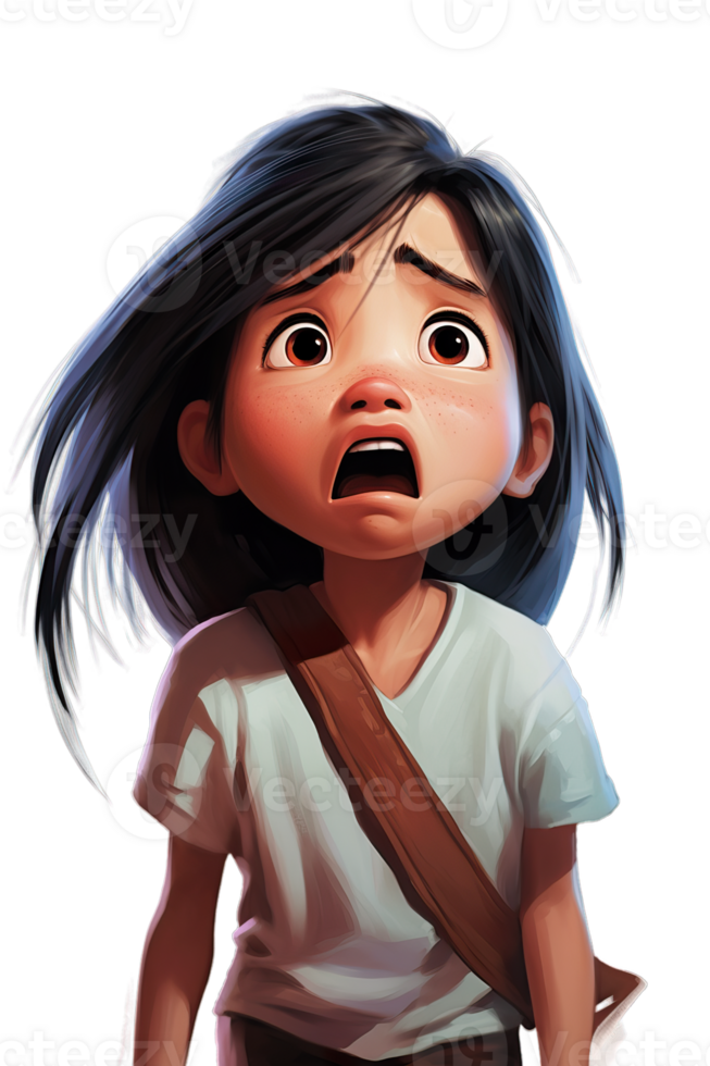 AI Generated Asian kid girl crying, scared and sad, isolated illustration, cartoon style character emotion, transparent background png