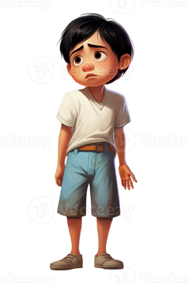 AI Generated Asian kid boy crying, scared and sad, isolated illustration, cartoon style character emotion, transparent background png