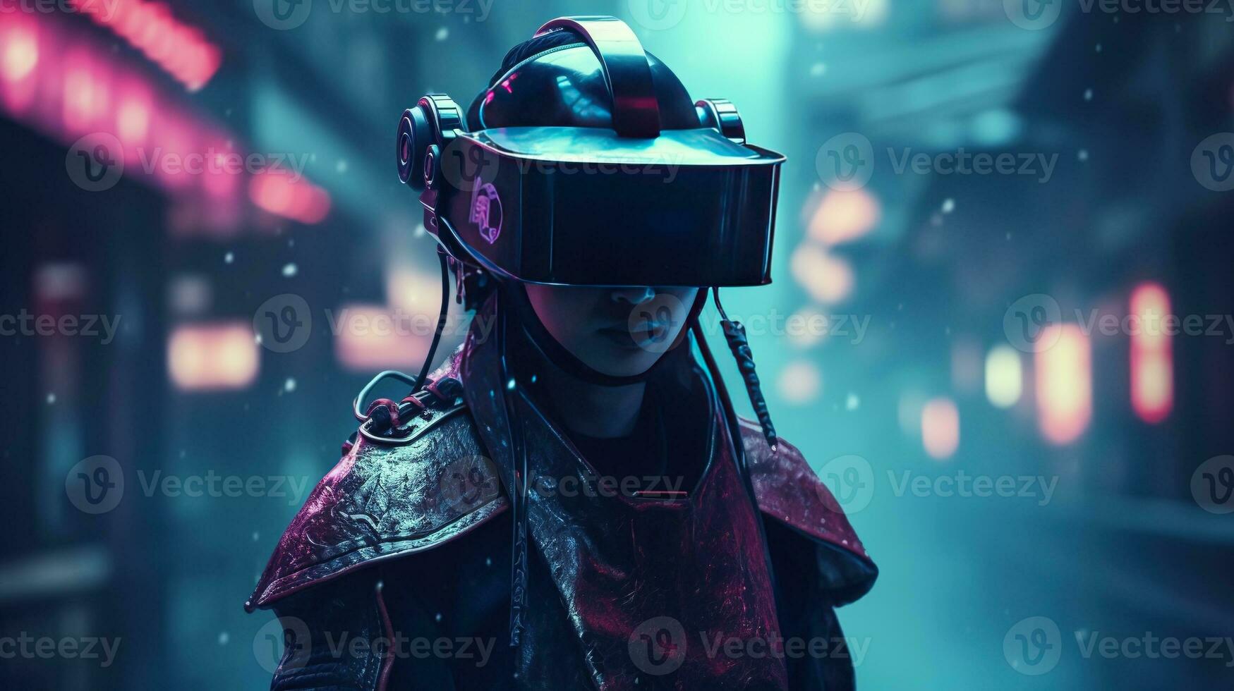 Generative AI, beautiful asian person in samurai suit in VR glasses in neon space street, virtual reality headset in cyberspace photo