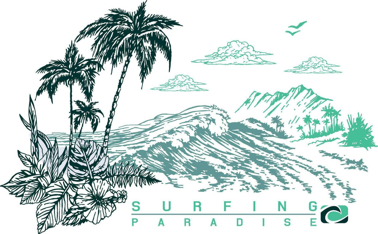 Beautiful vector illustration of coastal landscape with text related to surfing. Handmade drawing with free and uncluttered lines. Art for prints on t-shirts, posters, etc...
