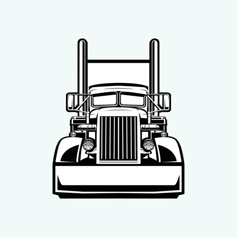 Classic Semi Trailer Truck Front View Vector Art Monochrome Silhouette Isolated